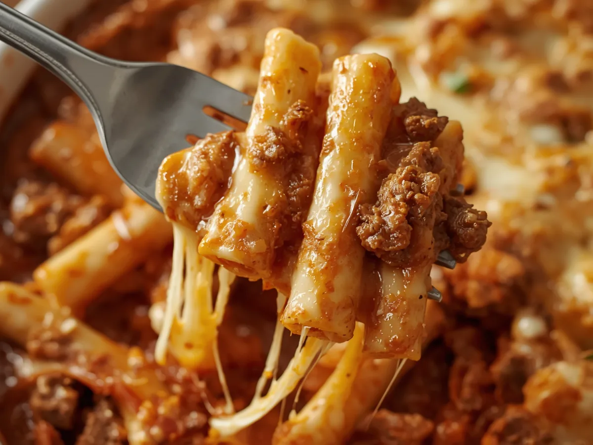 Lifting a spoonful of an irresistible easy baked ziti recipe to show the cheese pull. Image Title: cheesy-lift-baked-ziti