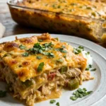 A bubbling hot King Ranch Chicken Casserole in a glass baking dish with melted cheddar cheese on top.