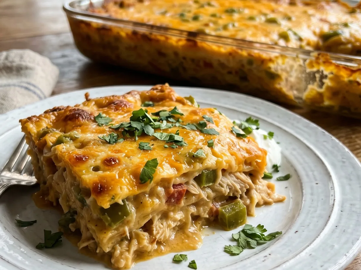 A bubbling hot King Ranch Chicken Casserole in a glass baking dish with melted cheddar cheese on top.