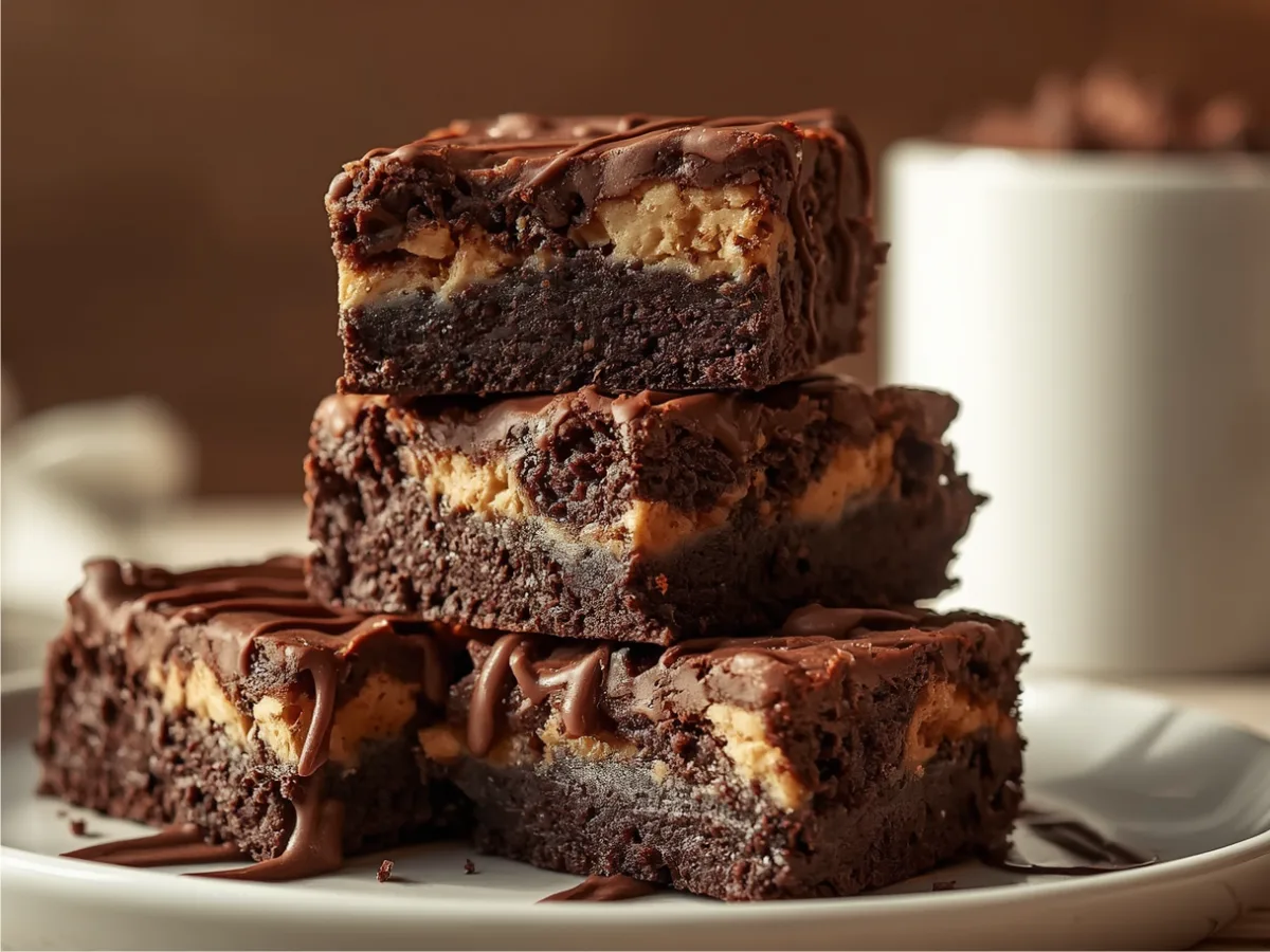 Fudgy Kit Kat Brownies on a white ceramic platter.