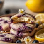 A stack of lemon blueberry cheesecake cookies showing the purple berries and yellow zest.