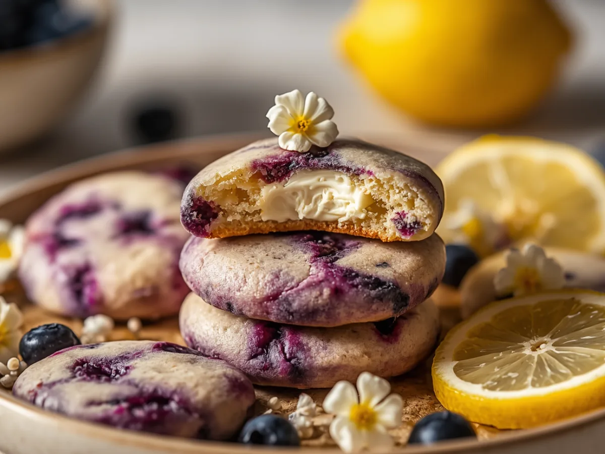 A stack of lemon blueberry cheesecake cookies showing the purple berries and yellow zest.