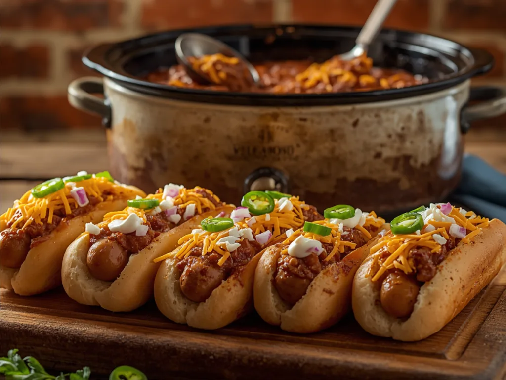 Loaded Crockpot Chili Cheese Dogs on a platter.