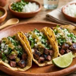 Close up of grilled carne asada tacos with cilantro