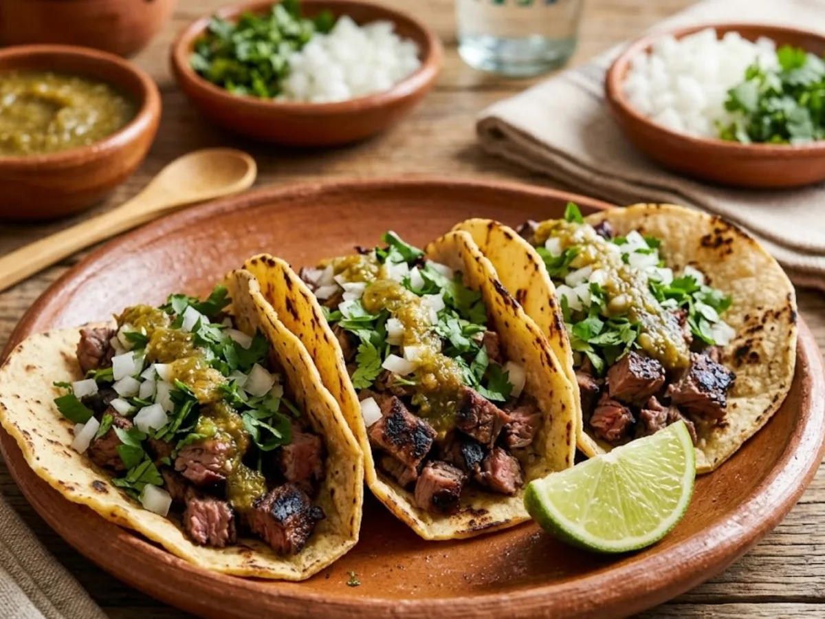 Close up of grilled carne asada tacos with cilantro