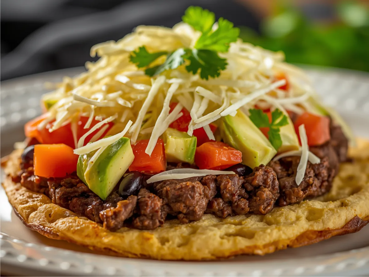 A delicious Navajo Taco with golden brown fry bread topped with ground beef, lettuce, and avocado.