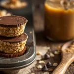 A tray of no bake peanut butter granola cups with a chocolate drizzle.