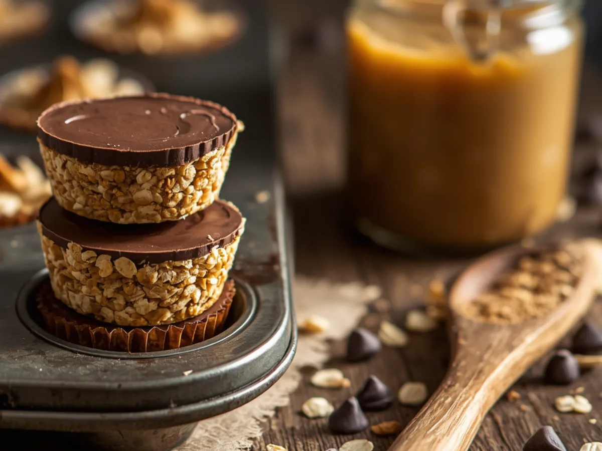 A tray of no bake peanut butter granola cups with a chocolate drizzle.