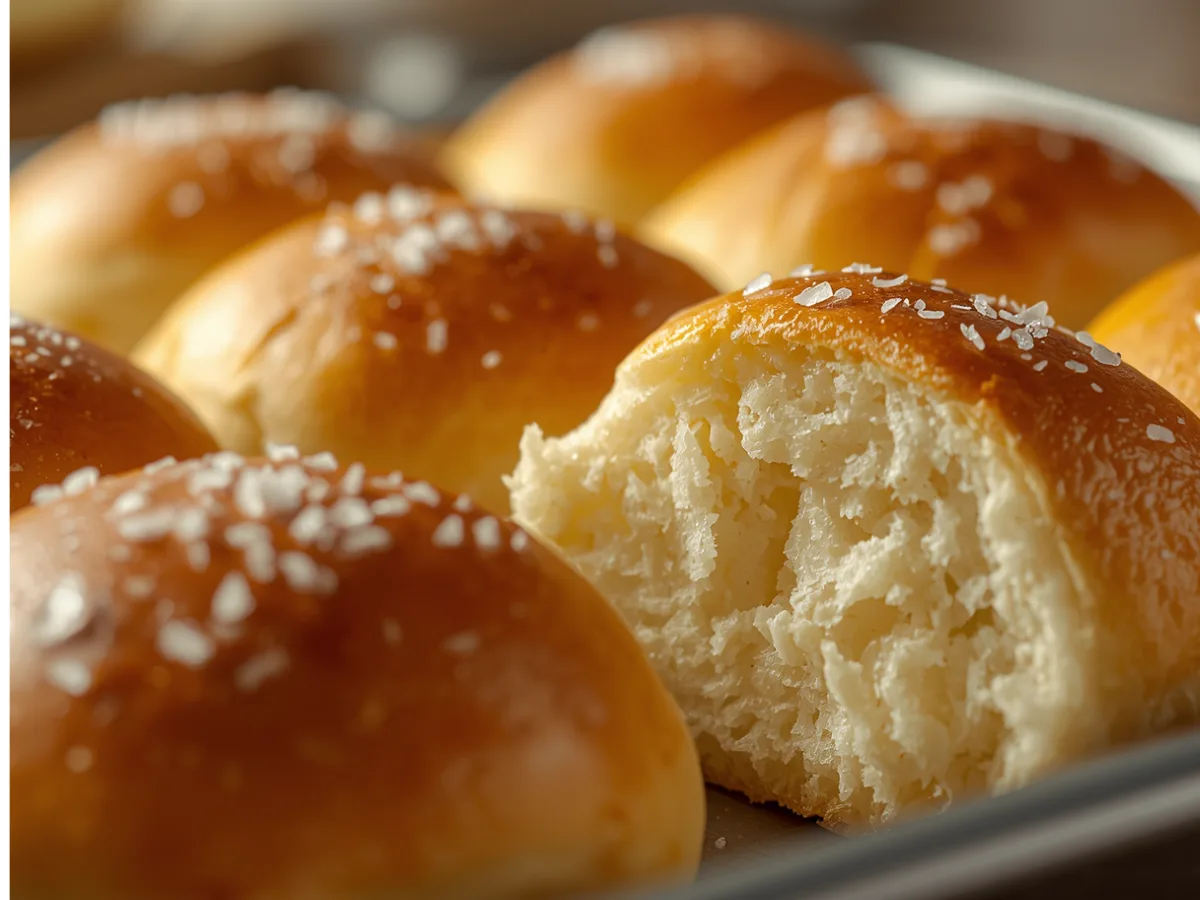 A basket of golden brown no knead buttermilk dinner rolls brushed with butter.