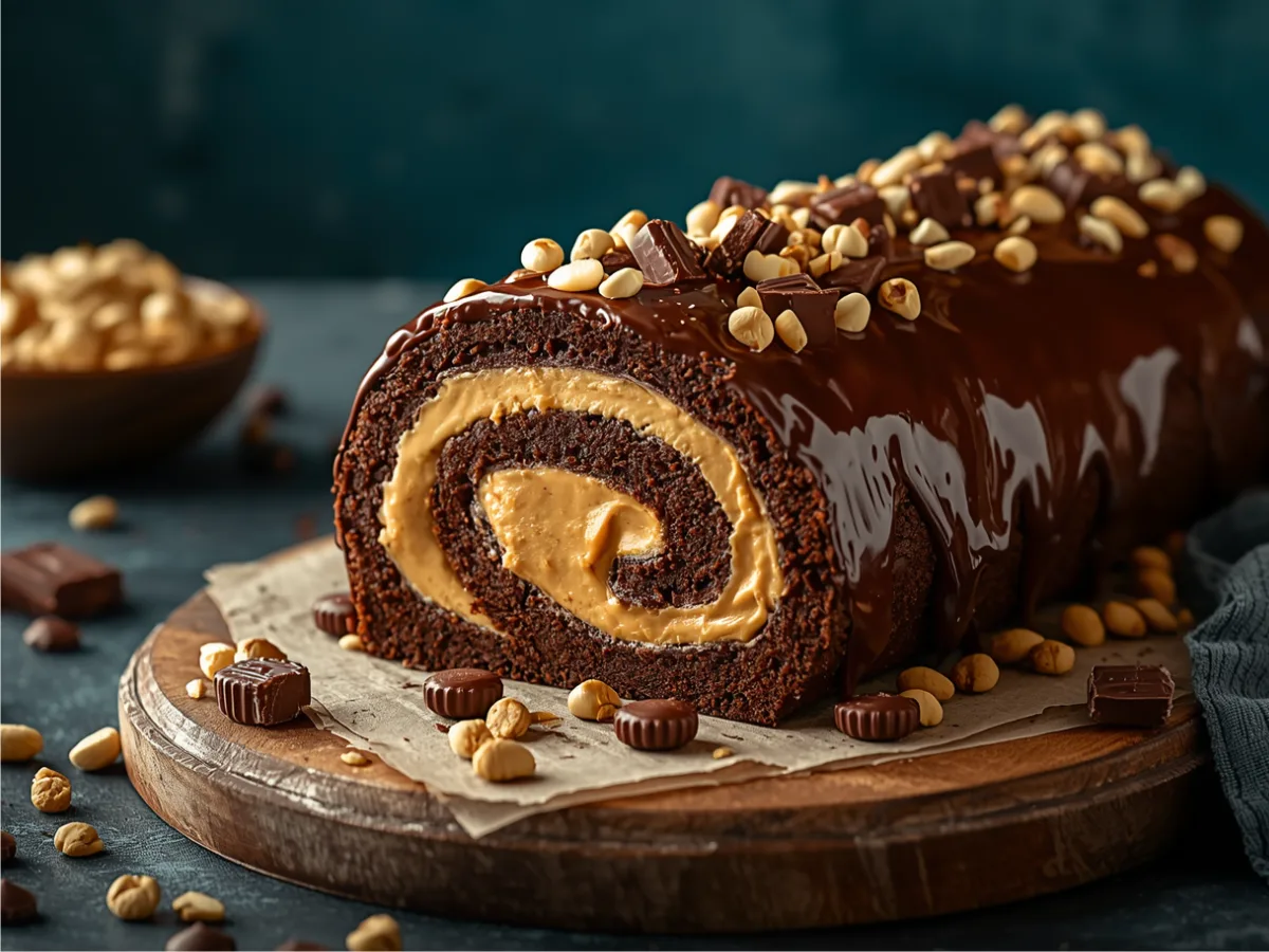Peanut Butter Cup Chocolate Roll on a cooling rack