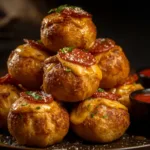 Rustic bowl of golden pepperoni pizza bombs.