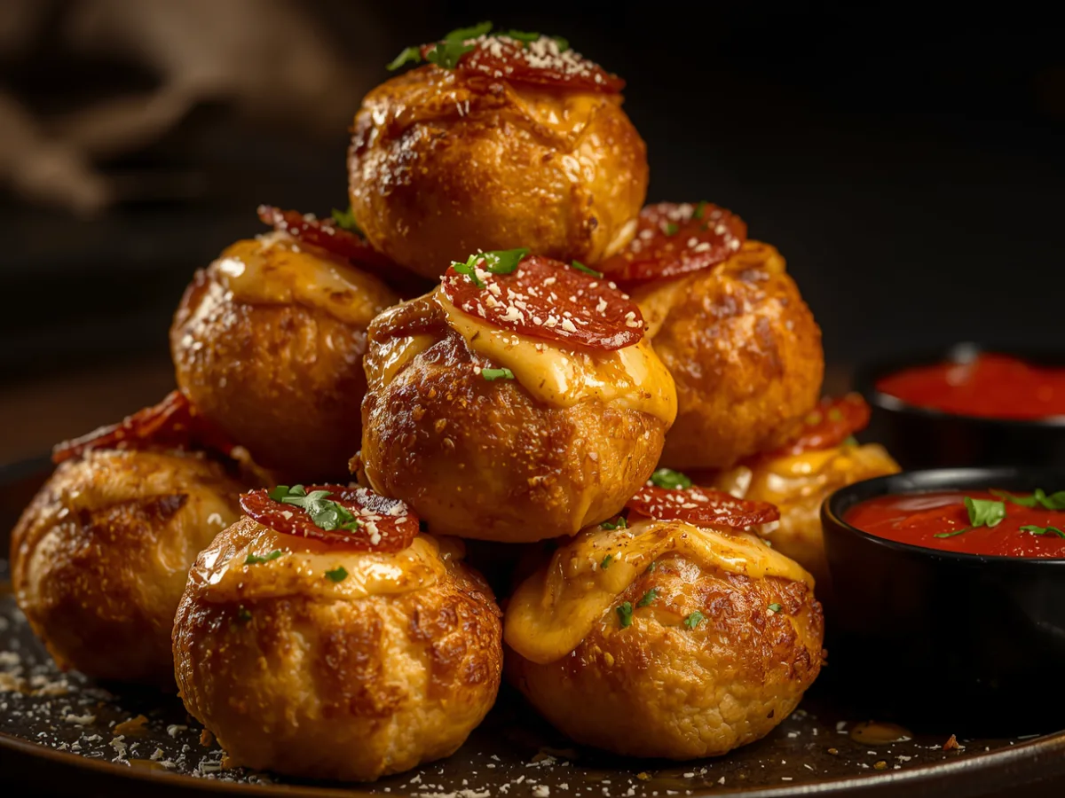 Rustic bowl of golden pepperoni pizza bombs.