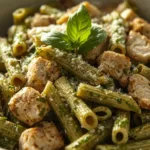 A steaming bowl of pesto pasta with chicken garnished with parmesan and fresh basil.
