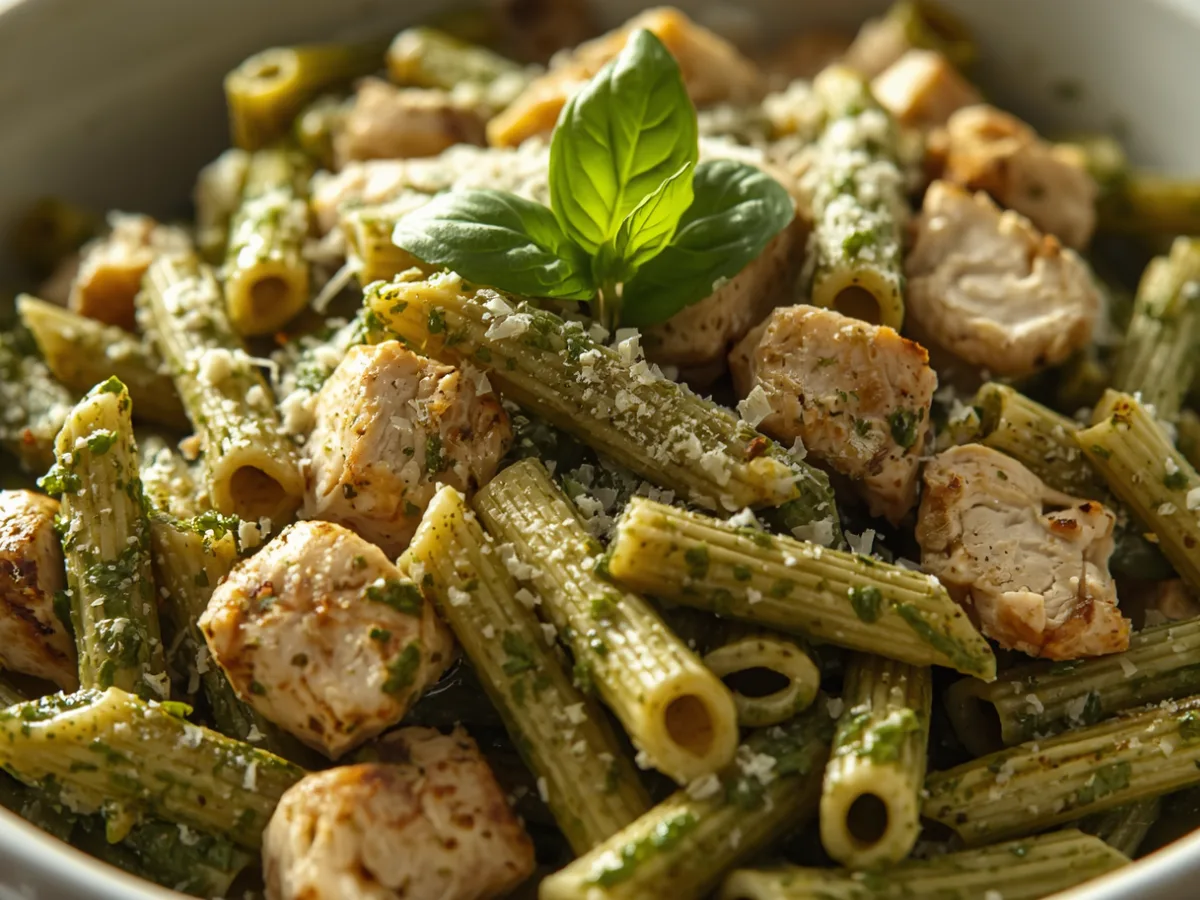 A steaming bowl of pesto pasta with chicken garnished with parmesan and fresh basil.