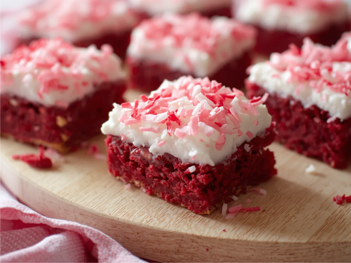 Pink coconut snowball cake bars on a marble surface.