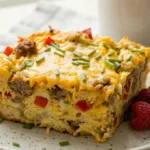 A golden brown Pioneer Woman's Best Make-Ahead Breakfast Casserole in a white ceramic dish.