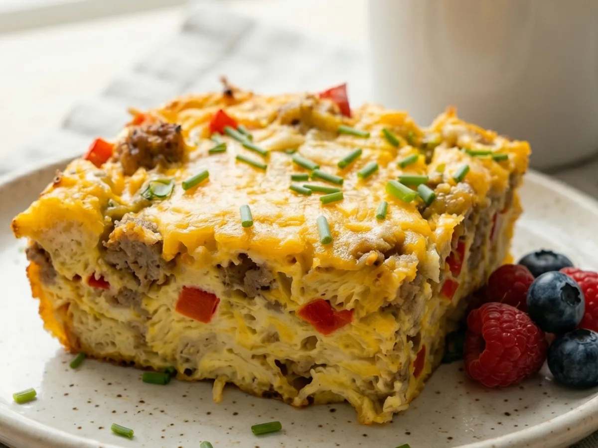 A golden brown Pioneer Woman's Best Make-Ahead Breakfast Casserole in a white ceramic dish.