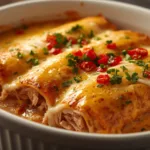 Golden brown Rotisserie Chicken Enchiladas in a ceramic dish