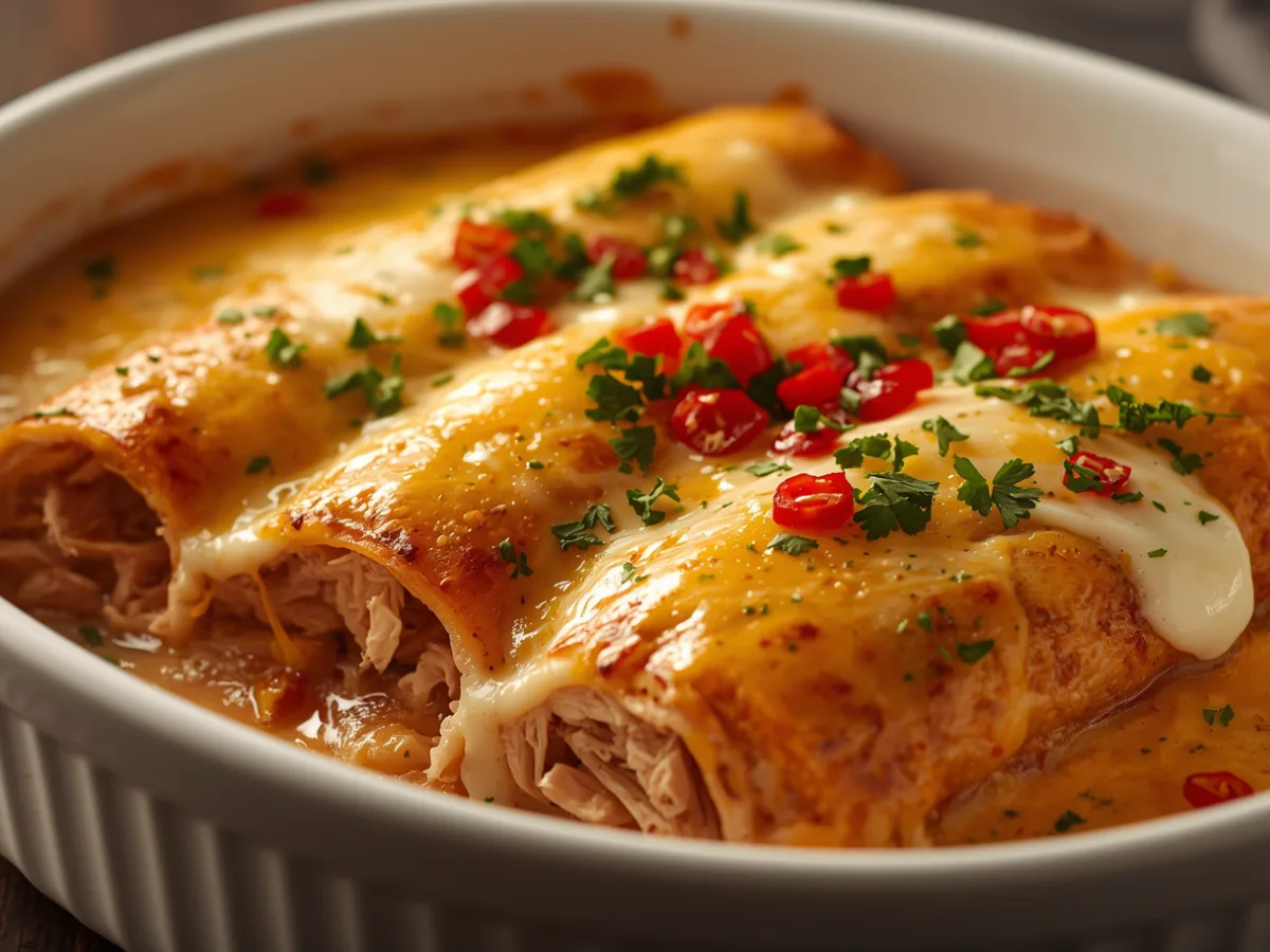 Golden brown Rotisserie Chicken Enchiladas in a ceramic dish