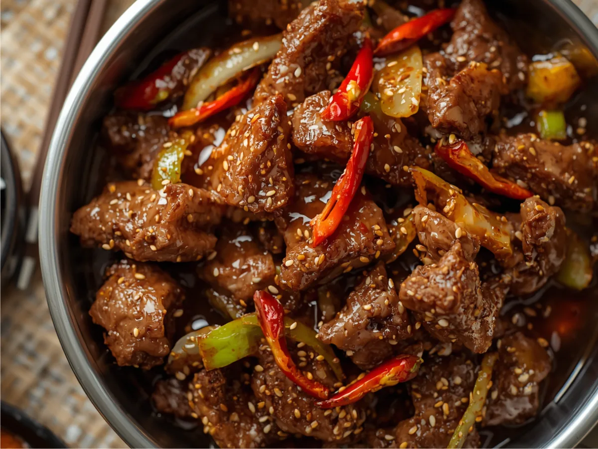 Crispy Beijing Beef Stir-Fry with red peppers and onions in a black wok.