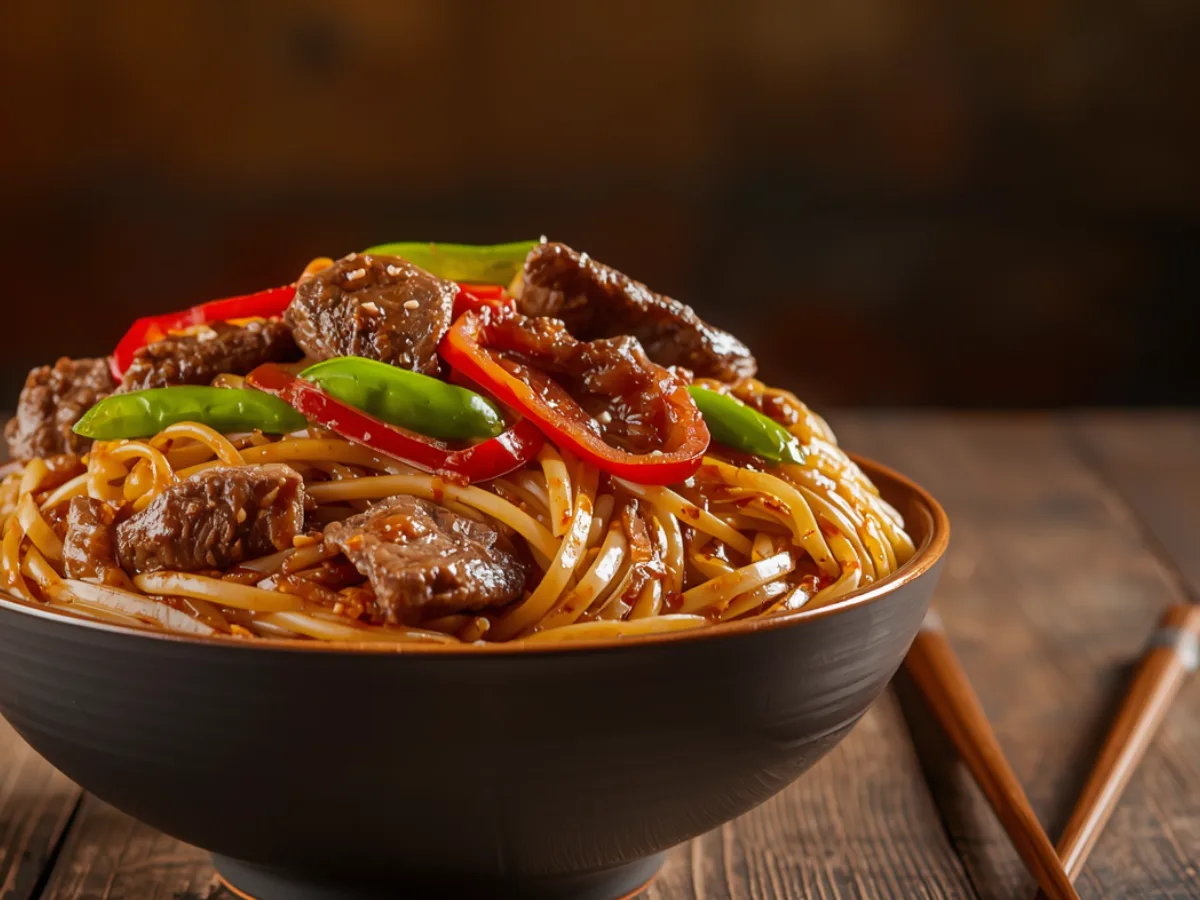 Close-up of Garlic Soy Beef Noodle Stir Fry with broccoli and red peppers