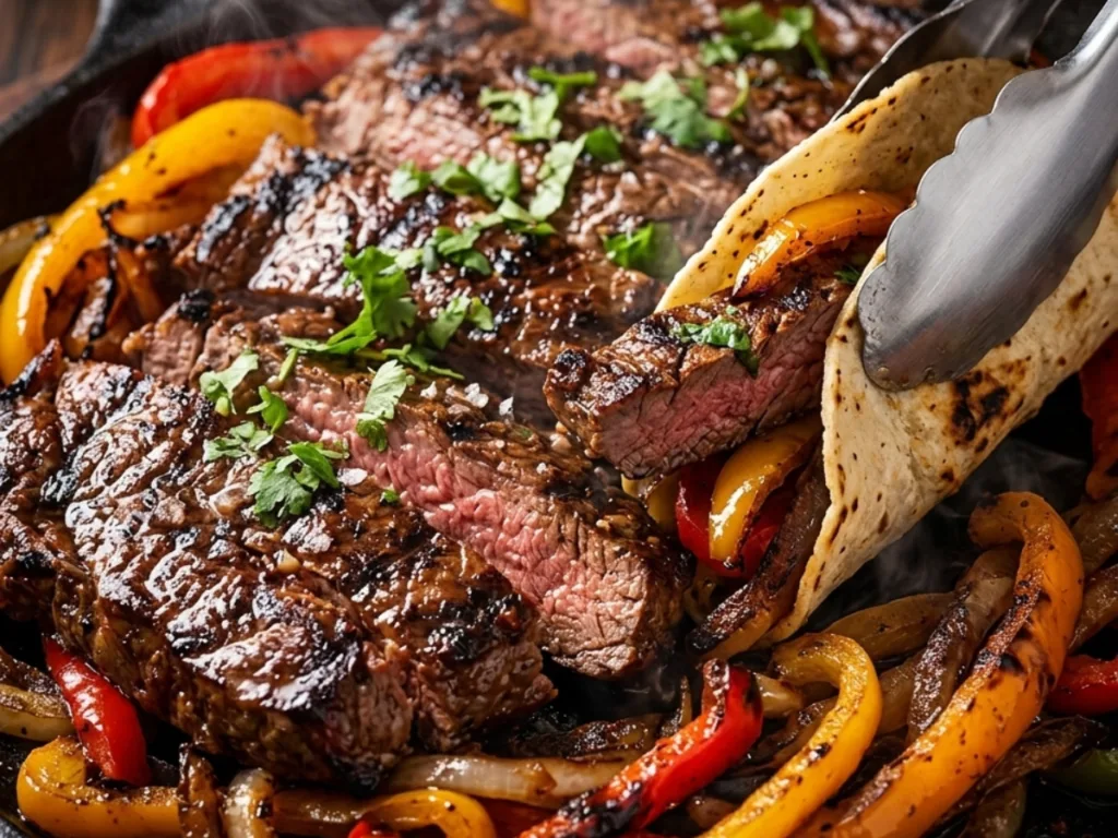 Sizzling steak fajitas in a pan with peppers