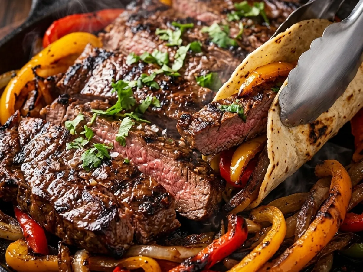Sizzling steak fajitas in a pan with peppers