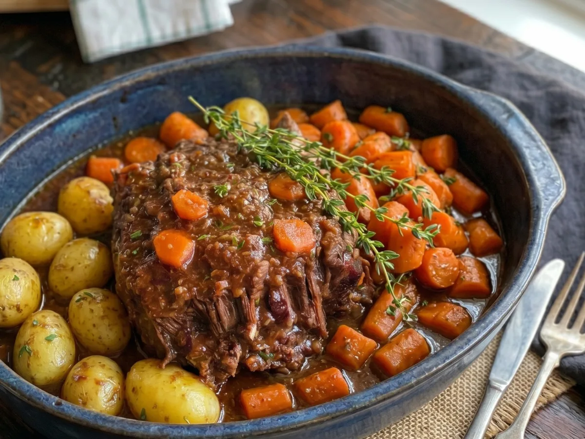 Slow cooker beef pot roast with potatoes and carrots in a rich gravy.