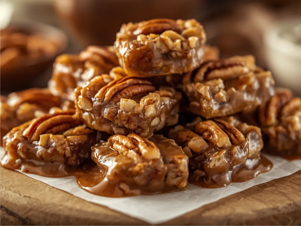 A stack of soft caramel pecan clusters on a piece of parchment paper.