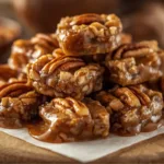 A stack of soft caramel pecan clusters on a piece of parchment paper.
