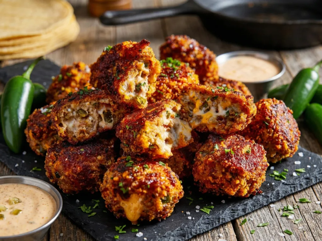 Close up of crispy sausage cheese balls