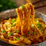 Bowl of Garlic Chili Oil Noodles garnished with scallions