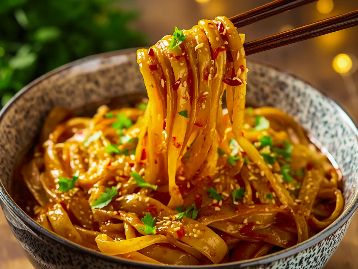 Bowl of Garlic Chili Oil Noodles garnished with scallions
