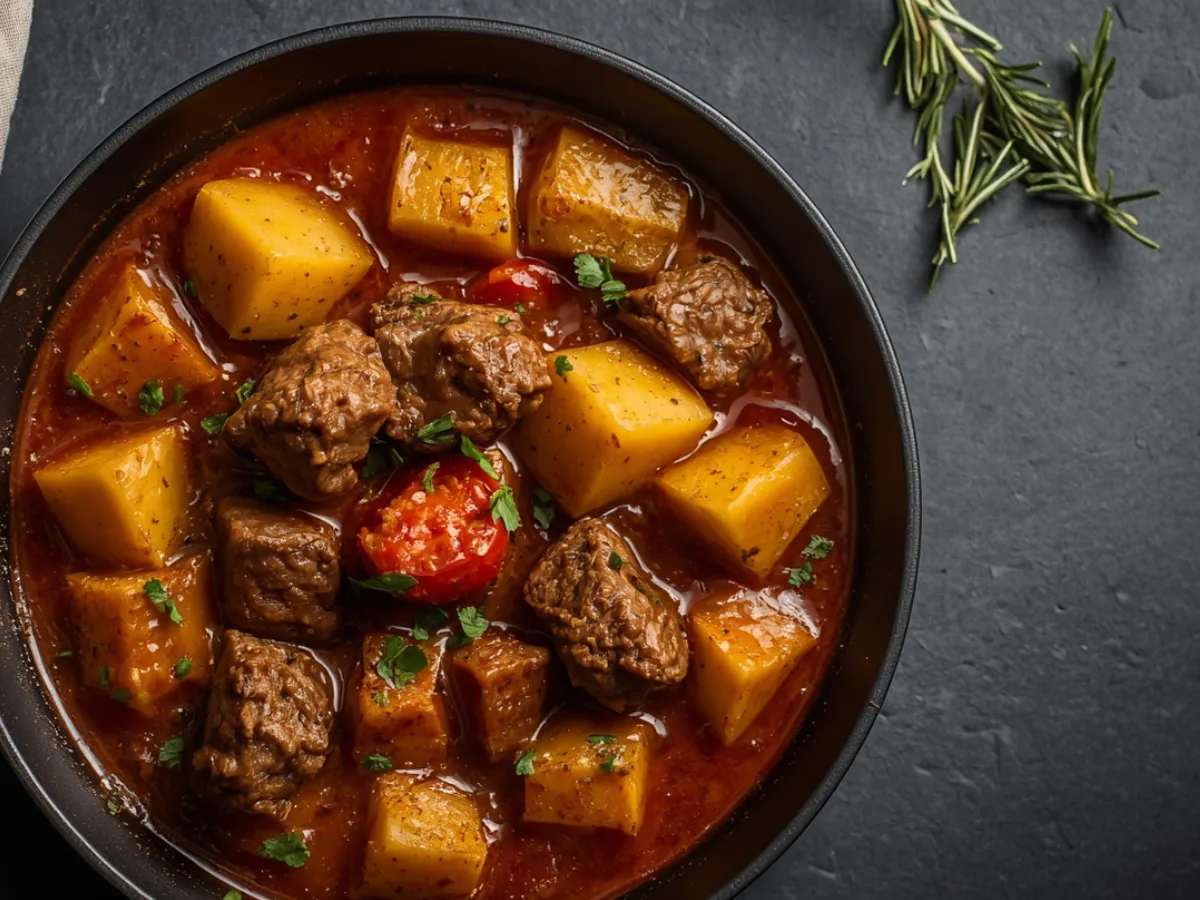 Close-up of Guiso de Carne de Res con Papas in a black bowl with rosemary.