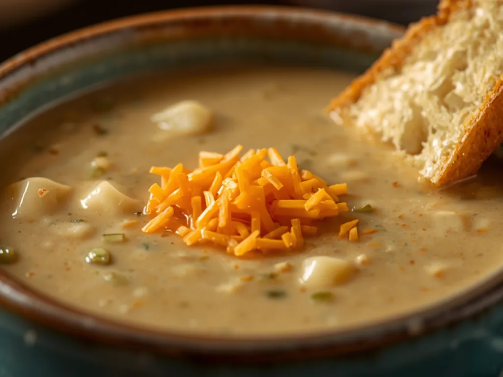 Creamy hatch green chile potato soup topped with cheddar cheese