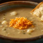 Creamy hatch green chile potato soup topped with cheddar cheese