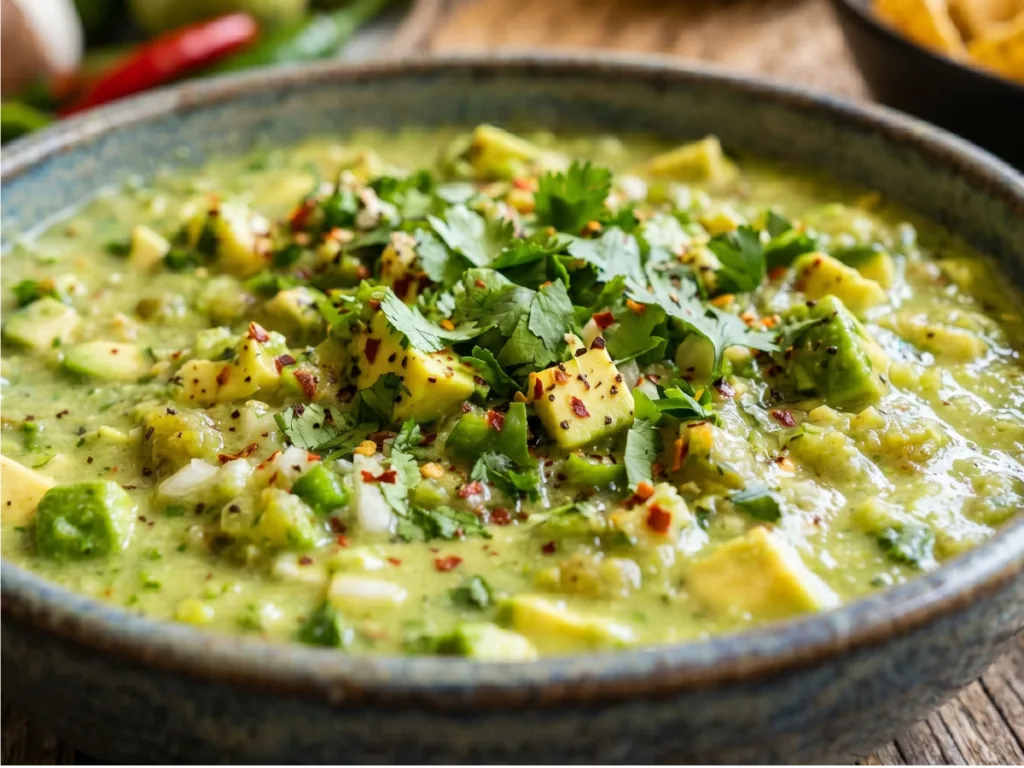 Mexican Avocado Tomatillo Spicy Salsa in a bowl with tortilla chip