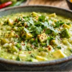 Mexican Avocado Tomatillo Spicy Salsa in a bowl with tortilla chip