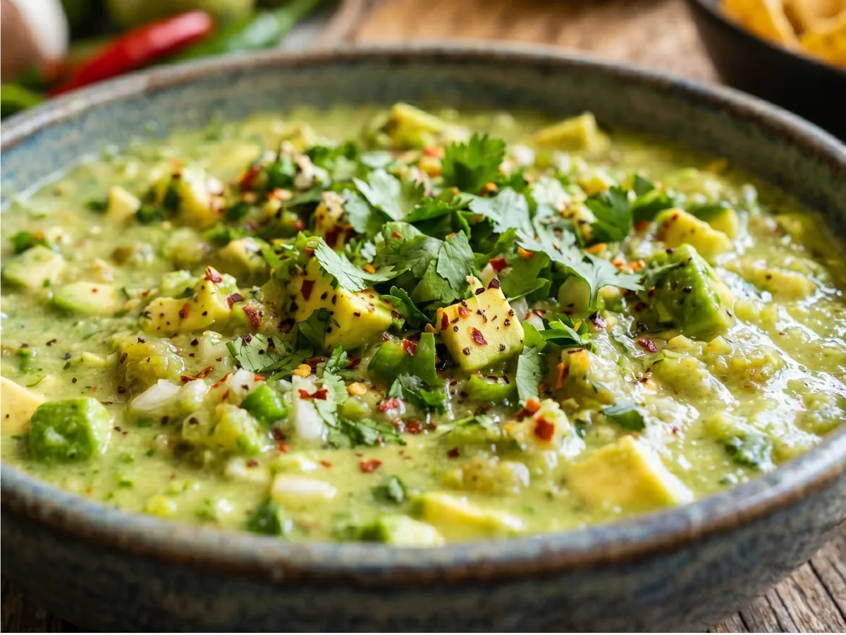 Mexican Avocado Tomatillo Spicy Salsa in a bowl with tortilla chip