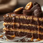 A side view of a sliced peanut butter icebox cake showing distinct layers of crackers and cream.