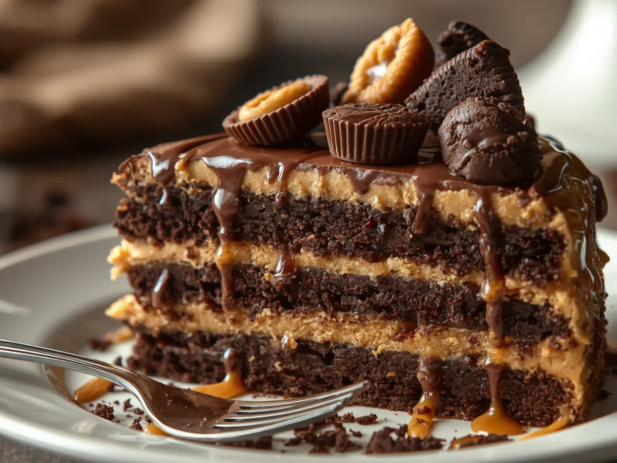 A side view of a sliced peanut butter icebox cake showing distinct layers of crackers and cream.