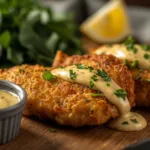 A plate featuring golden crispy malibu chicken topped with melted cheese and a side of sauce.