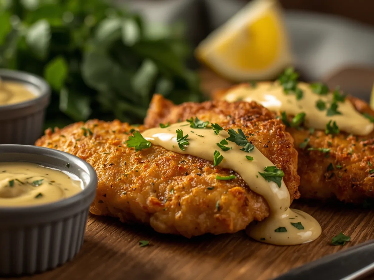 A plate featuring golden crispy malibu chicken topped with melted cheese and a side of sauce.