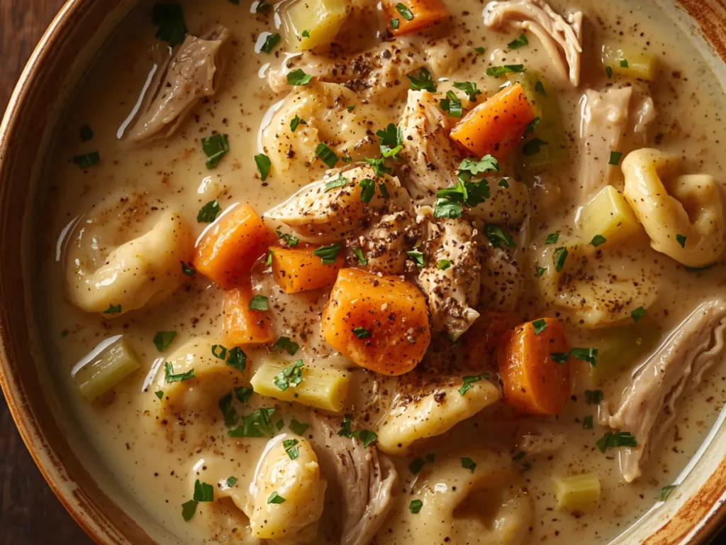 A bowl filled with creamy chicken tortellini soup garnished with parsley.
