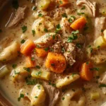 A bowl filled with creamy chicken tortellini soup garnished with parsley.