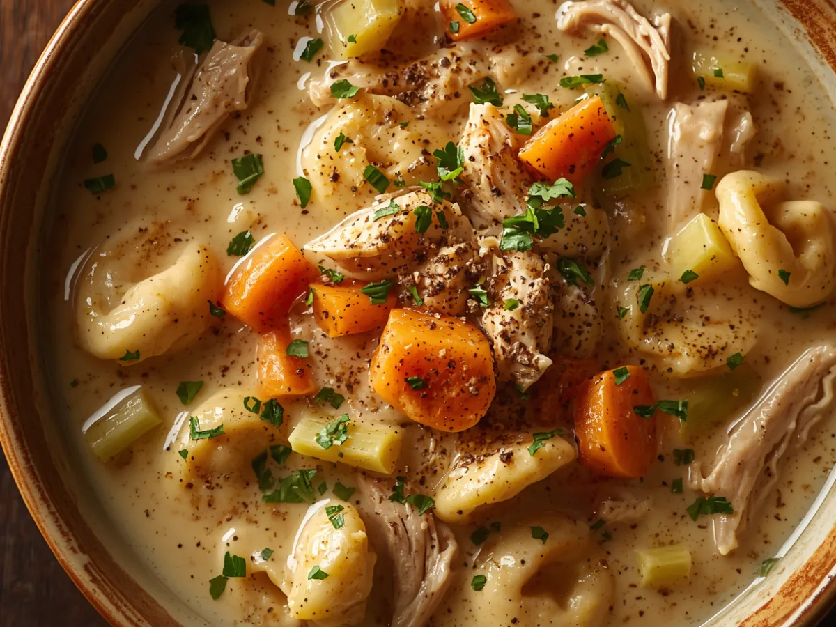 A bowl filled with creamy chicken tortellini soup garnished with parsley.