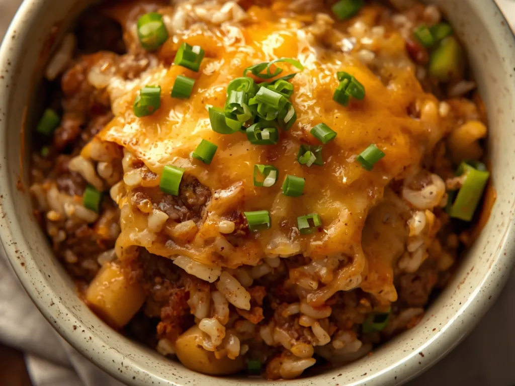 Cheesy Amish Hamburger Casserole detail