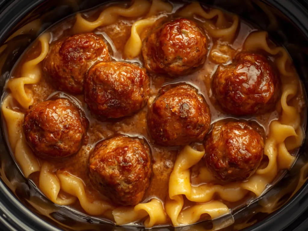 Creamy Amish Meatball Noodles and egg noodles