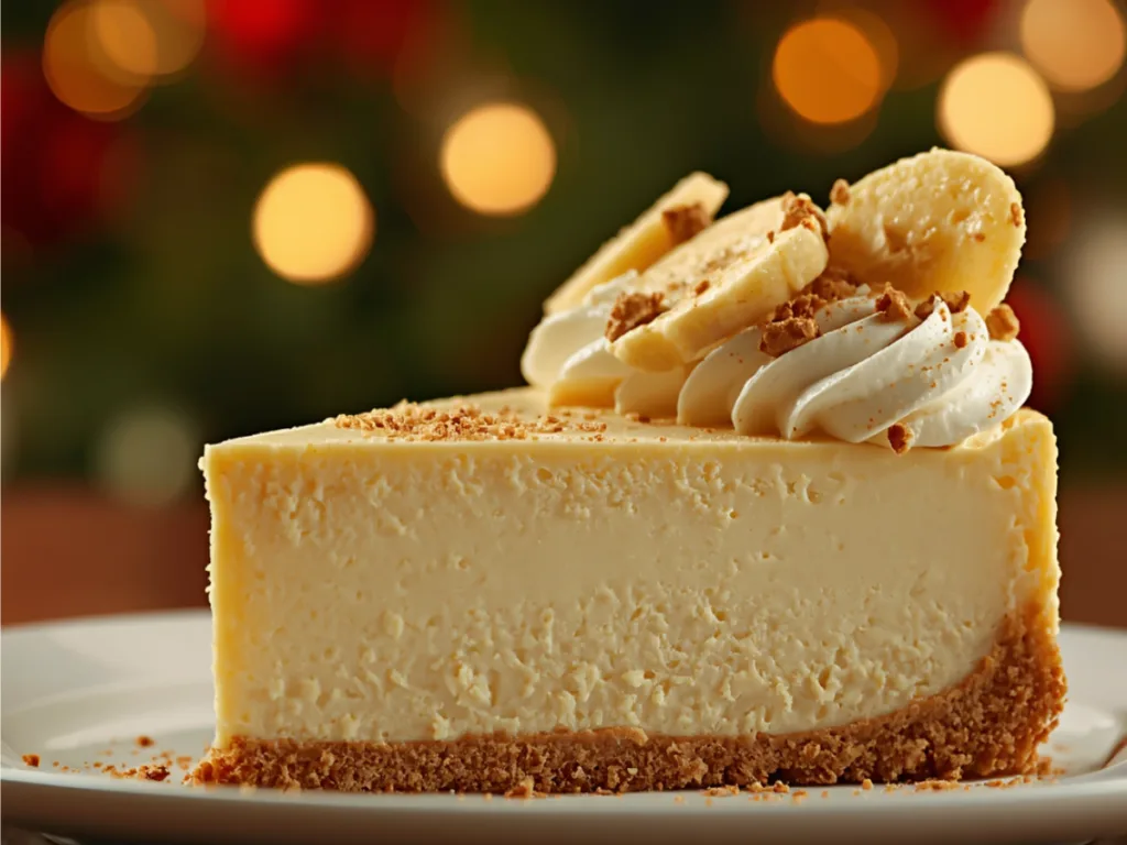 A single slice of banana cream cheesecake on a plate 