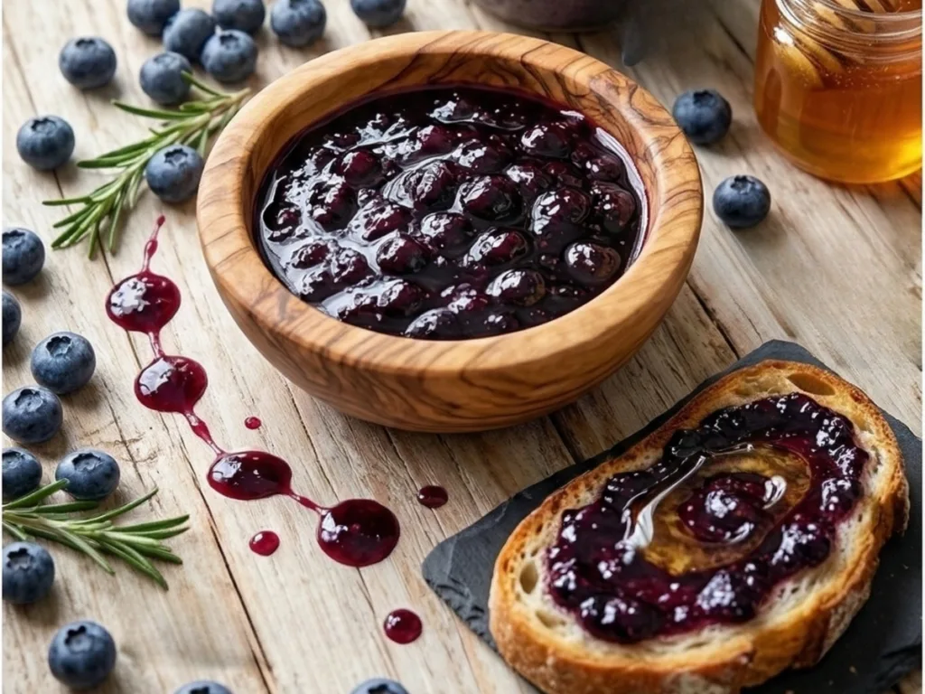 Bog Witch Berries:Fresh blueberries surrounding a jar of jam